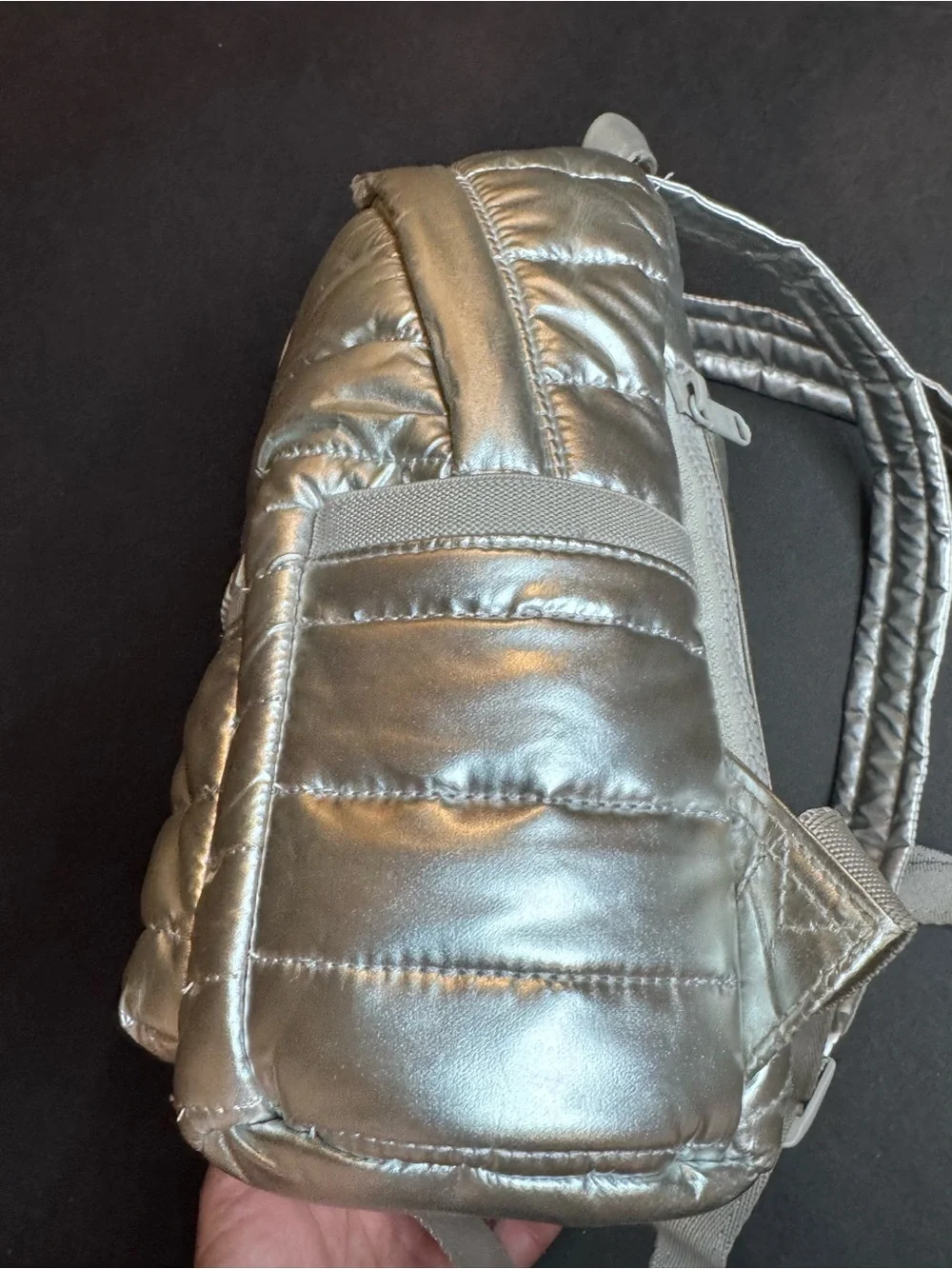 Dagne Dover Silver Quilted Mini Backpack Metallic Lightweight Travel Bag